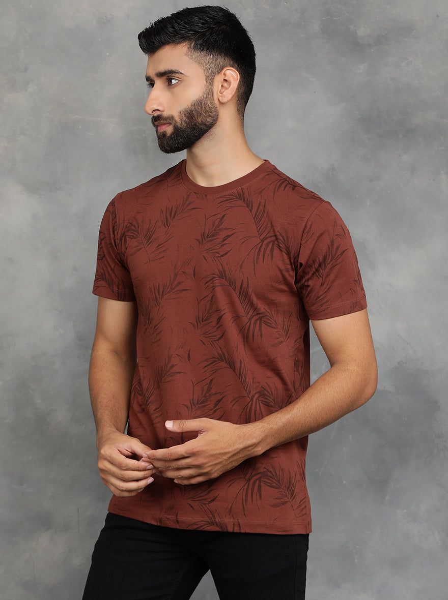 Brown Printed Slim Fit T-Shirt | GreenFibre