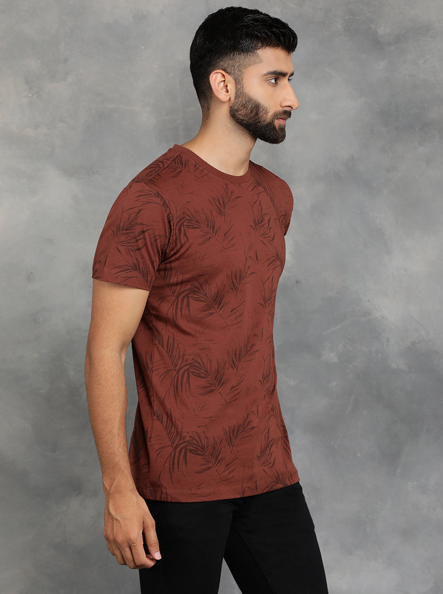 Brown Printed Slim Fit T-Shirt | GreenFibre