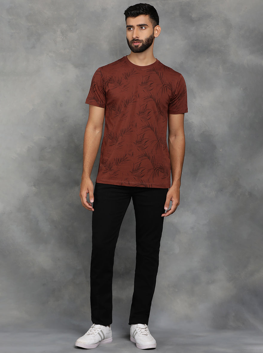 Brown Printed Slim Fit T-Shirt | GreenFibre