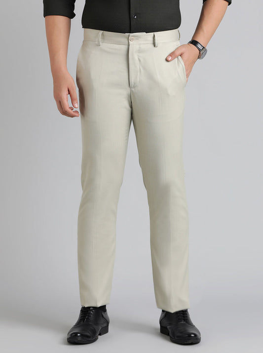 Beige Solid Slim Fit Formal Trouser | Greenfibre