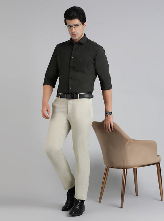 Beige Solid Slim Fit Formal Trouser | Greenfibre