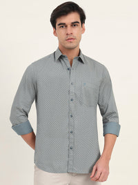 Light Grey & Green Printed Slim Fit Semi Casual Shirt | Greenfibre