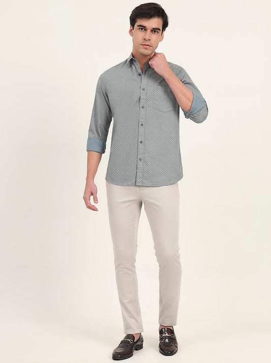 Light Grey & Green Printed Slim Fit Semi Casual Shirt | Greenfibre