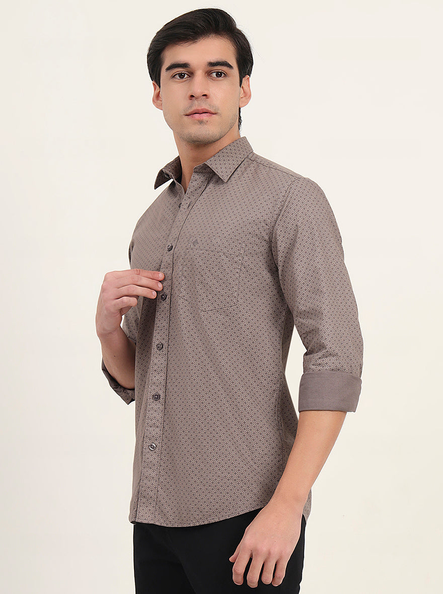 Light Brown Printed Slim Fit Semi Casual Shirt | Greenfibre