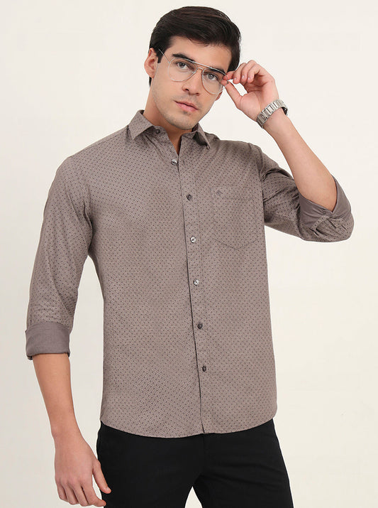 Light Brown Printed Slim Fit Semi Casual Shirt | Greenfibre