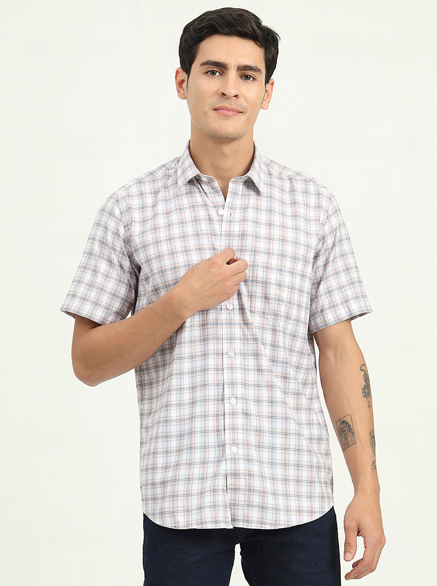 Grey & Peach Checked Slim Fit Semi Casual Shirt | Greenfibre