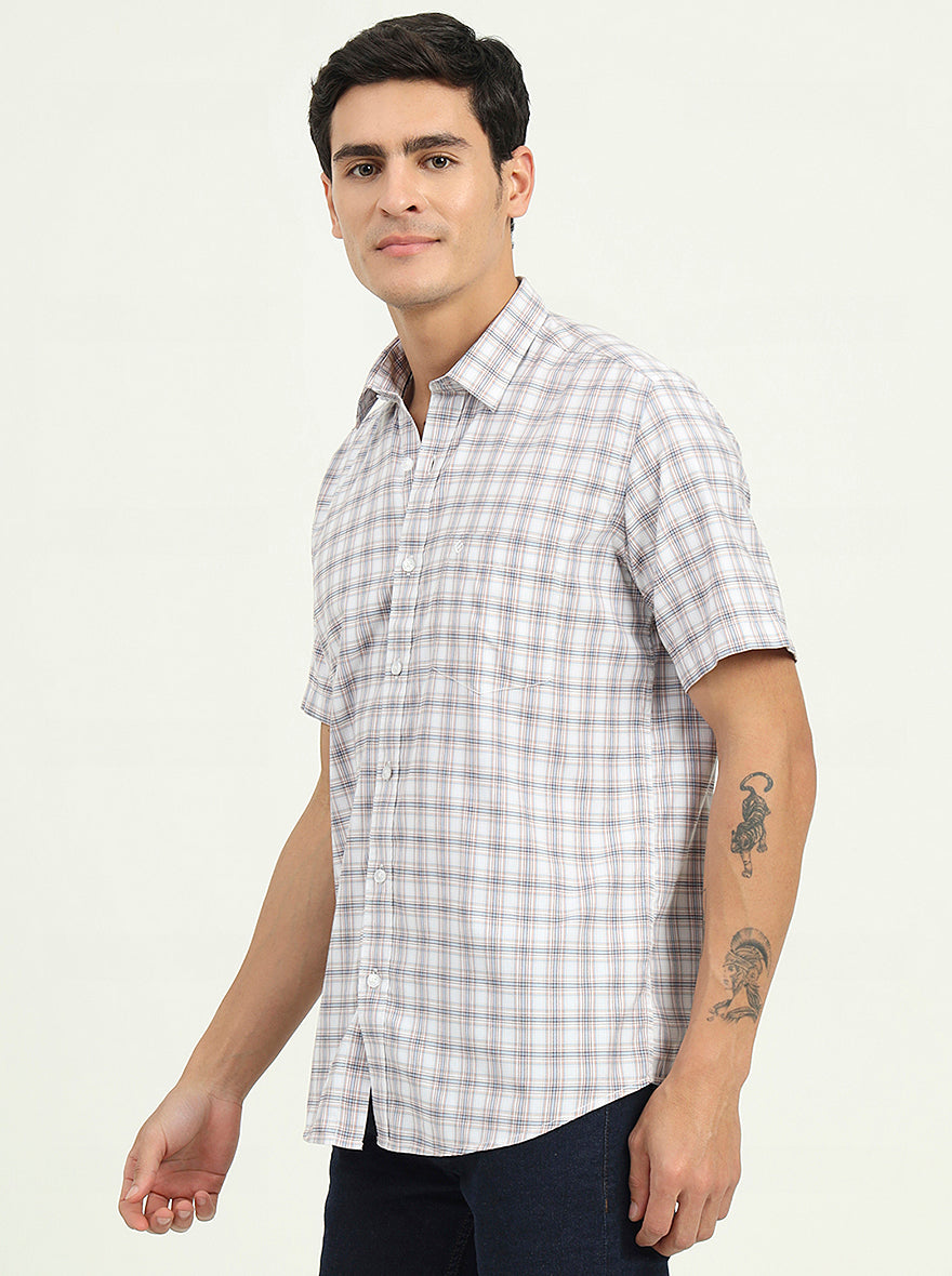 Grey & Peach Checked Slim Fit Semi Casual Shirt | Greenfibre