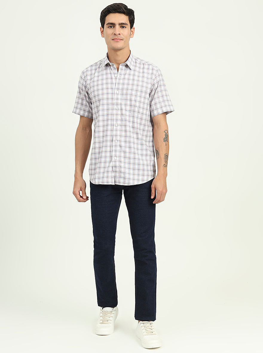 Grey & Peach Checked Slim Fit Semi Casual Shirt | Greenfibre