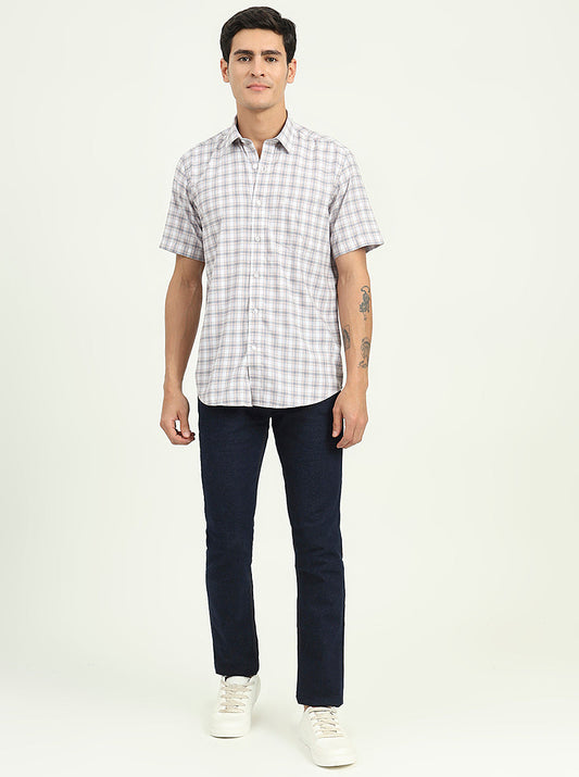 Grey & Peach Checked Slim Fit Semi Casual Shirt | Greenfibre