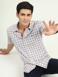 Grey & Peach Checked Slim Fit Semi Casual Shirt | Greenfibre