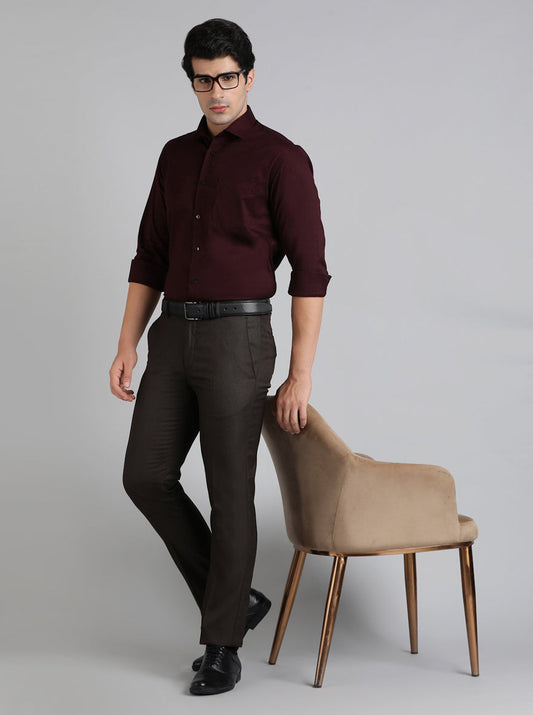 Brown Solid Slim Fit Formal Trouser | Greenfibre