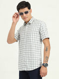 Grey & Green Checked Slim Fit Semi Casual Shirt | Greenfibre