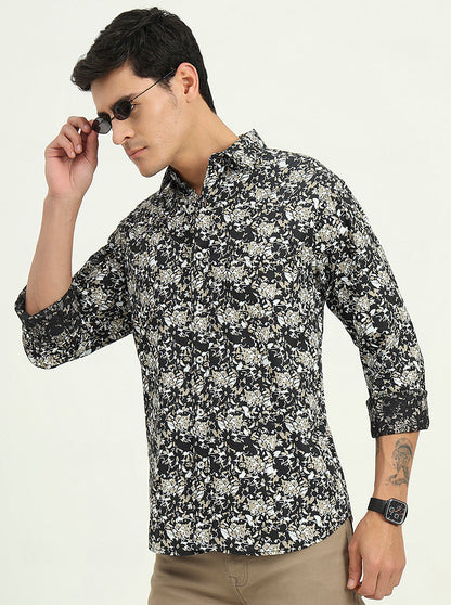 Dark Green Printed Slim Fit Casual Shirt | Greenfibre