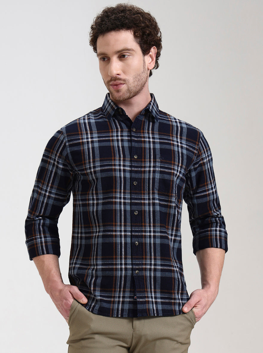 Dark Blue Checked Slim Fit Casual Shirt | Greenfibre