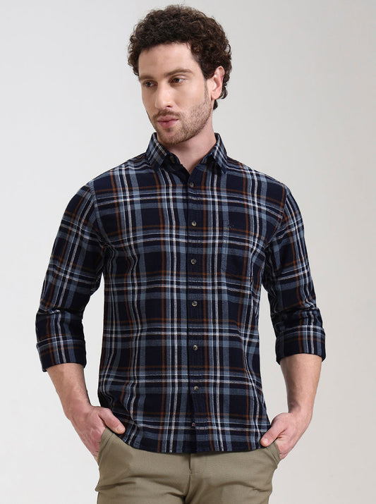 Dark Blue Checked Slim Fit Casual Shirt | Greenfibre