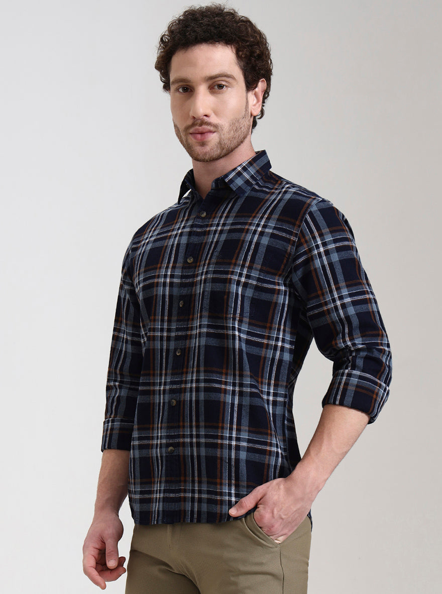 Dark Blue Checked Slim Fit Casual Shirt | Greenfibre