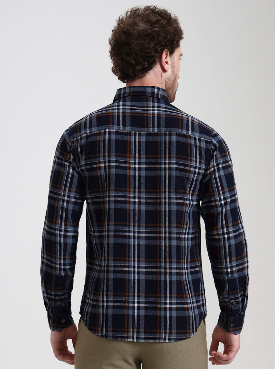 Dark Blue Checked Slim Fit Casual Shirt | Greenfibre