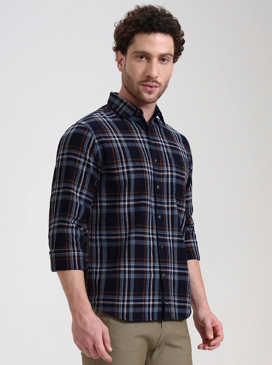 Dark Blue Checked Slim Fit Casual Shirt | Greenfibre