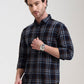 Dark Blue Checked Slim Fit Casual Shirt | Greenfibre