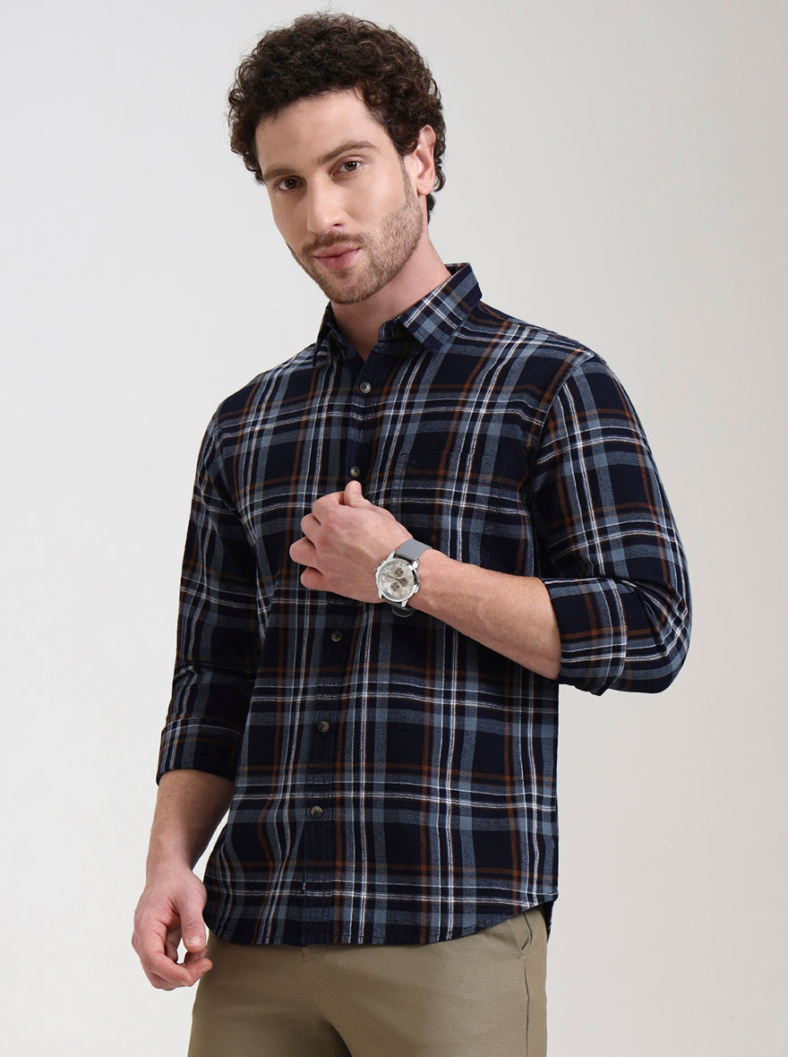 Dark Blue Checked Slim Fit Casual Shirt | Greenfibre
