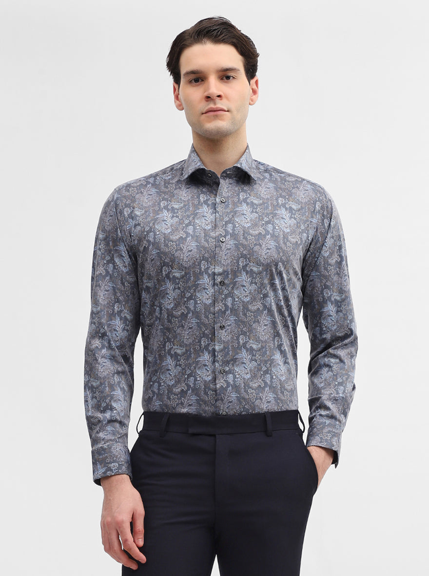 Grey Printed Slim Fit Party Wear Shirt | Greenfibre