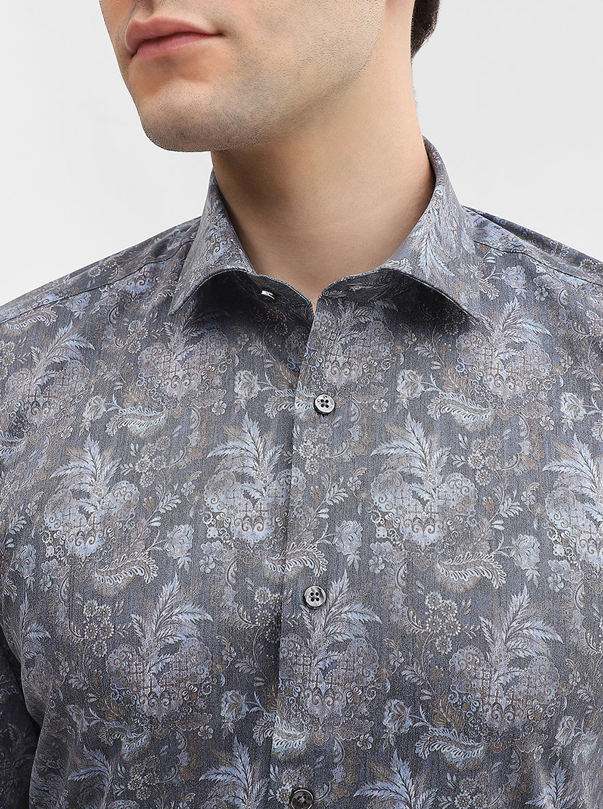 Grey Printed Slim Fit Party Wear Shirt | Greenfibre
