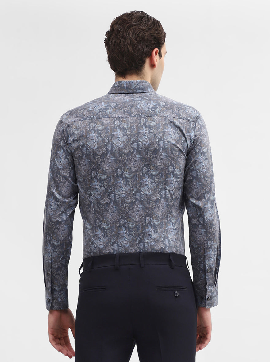 Grey Printed Slim Fit Party Wear Shirt | Greenfibre