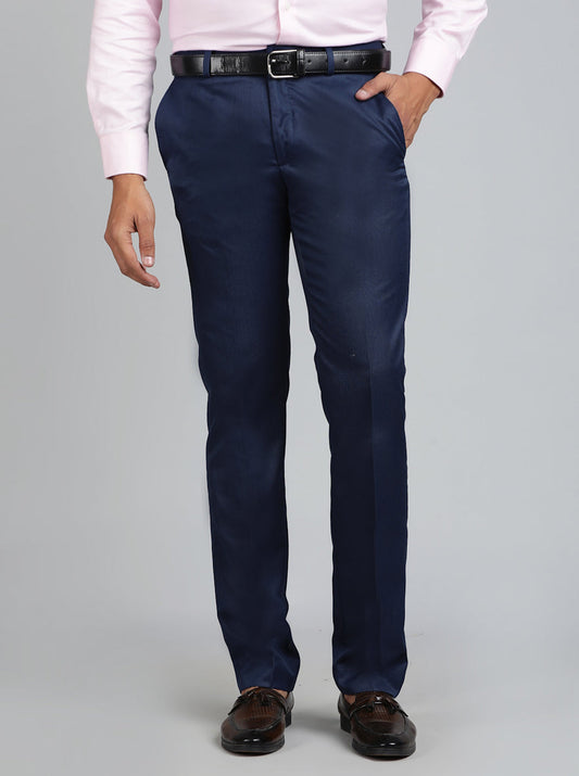 Blue Solid Slim Fit Formal Trouser | Greenfibre