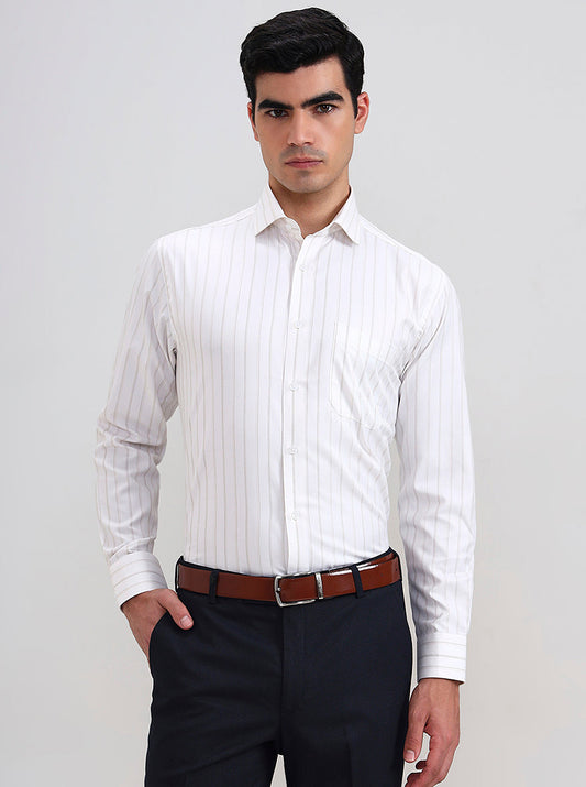 White & Brown Striped Regular Fit Formal Shirt | Greenfibre