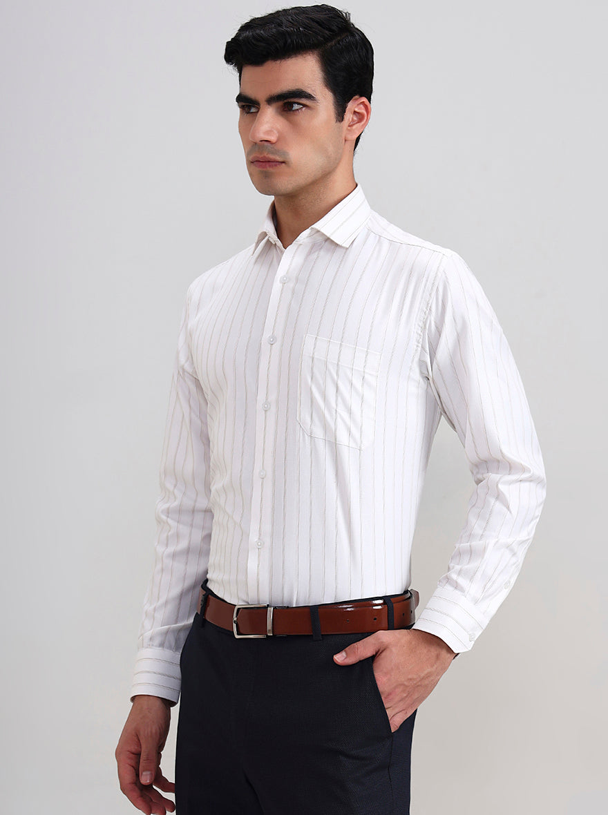 White & Brown Striped Regular Fit Formal Shirt | Greenfibre