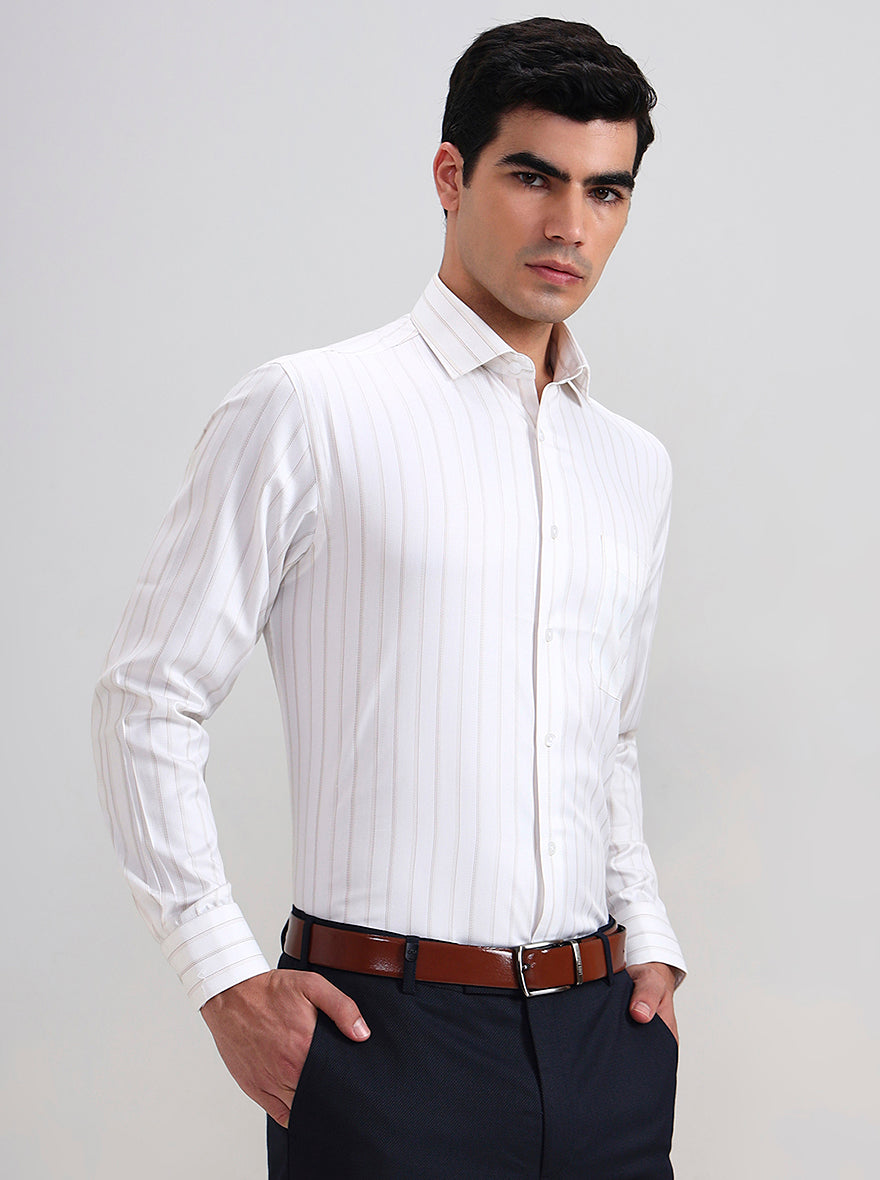 White & Brown Striped Regular Fit Formal Shirt | Greenfibre