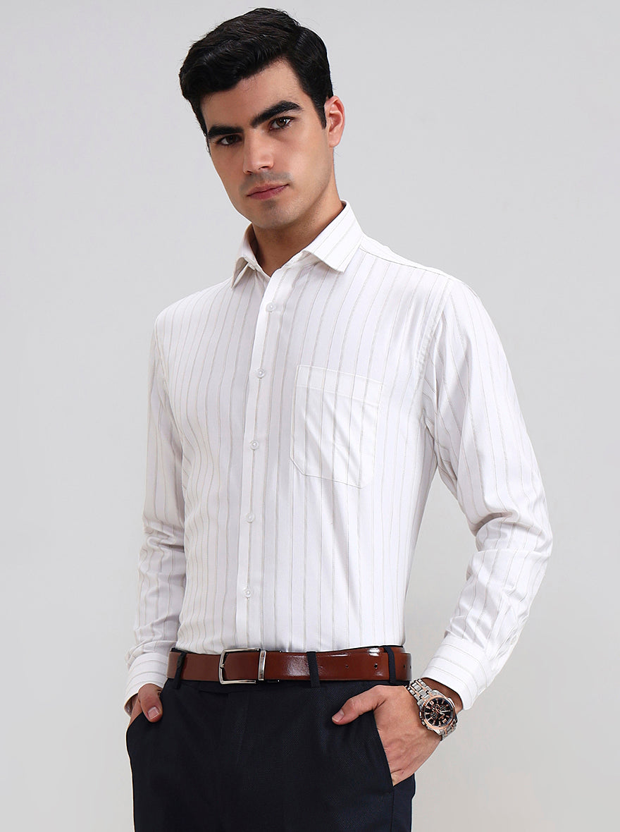 White & Brown Striped Regular Fit Formal Shirt | Greenfibre