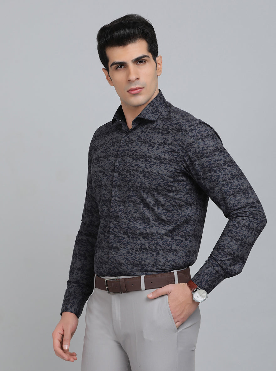 Navy Blue Printed Slim Fit Party Wear Shirt | Wyre