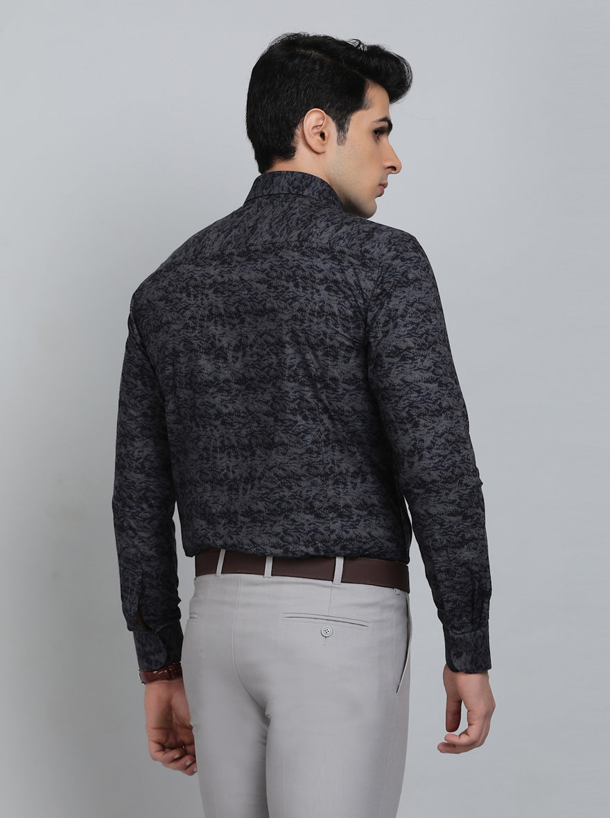 Navy Blue Printed Slim Fit Party Wear Shirt | Wyre