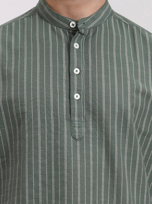 Off White & Green Striped Slim Fit Kurta | Greenfibre