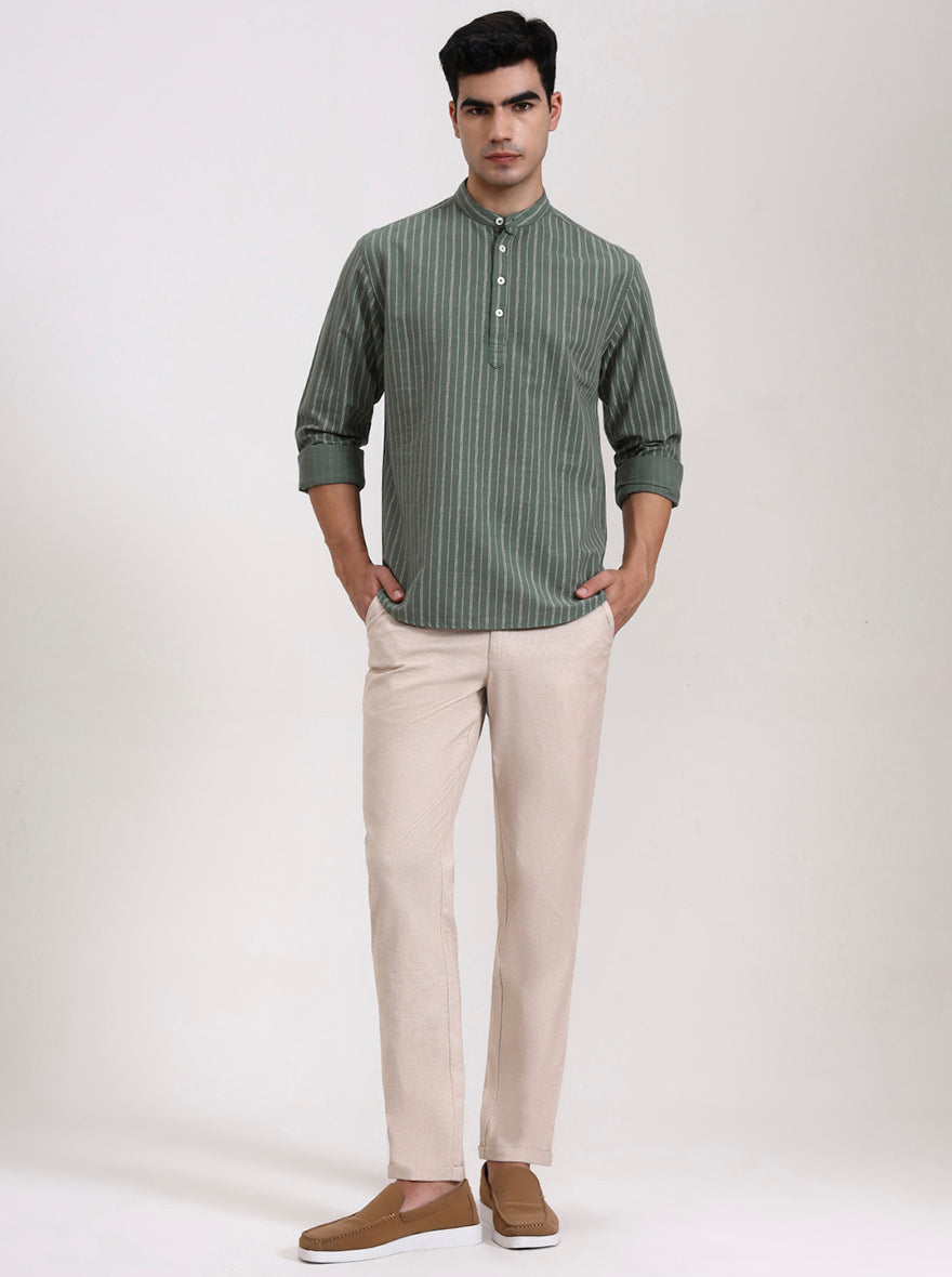 Off White & Green Striped Slim Fit Kurta | Greenfibre
