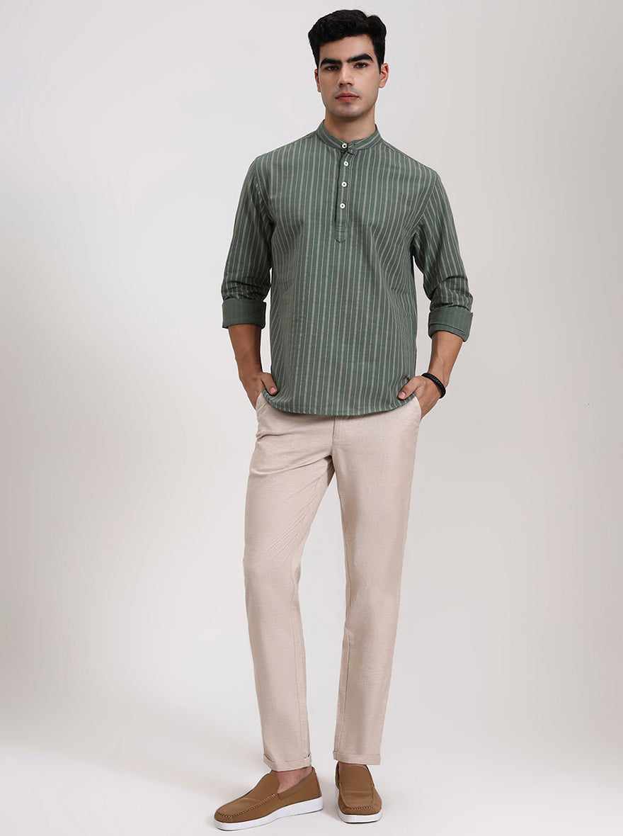Off White & Green Striped Slim Fit Kurta | Greenfibre
