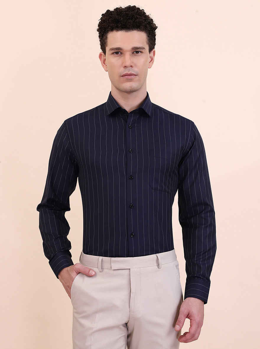 Navy Blue Striped Slim Fit Formal Shirt | Greenfibre