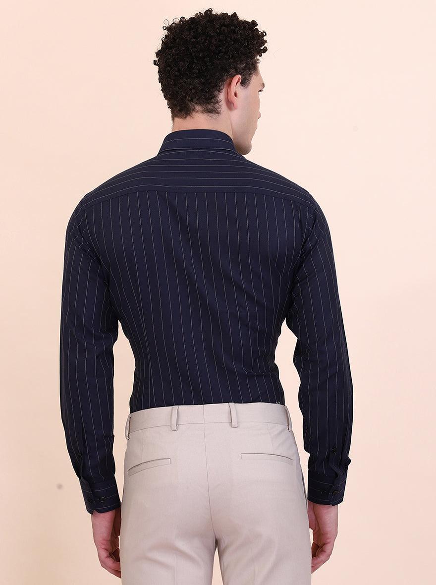 Navy Blue Striped Slim Fit Formal Shirt | Greenfibre