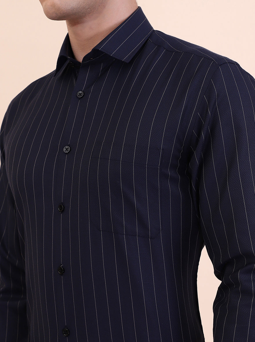 Navy Blue Striped Slim Fit Formal Shirt | Greenfibre