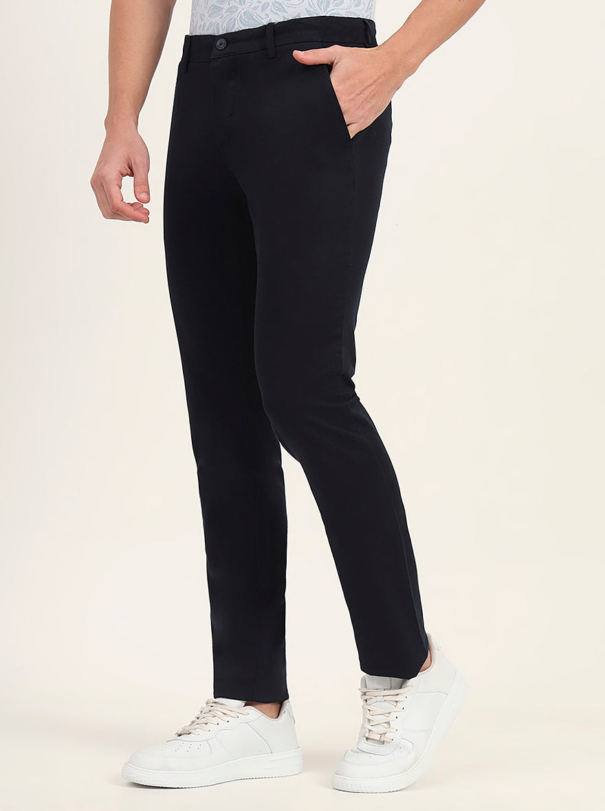 Navy Blue Solid Super Slim Fit Casual Trouser | Greenfibre