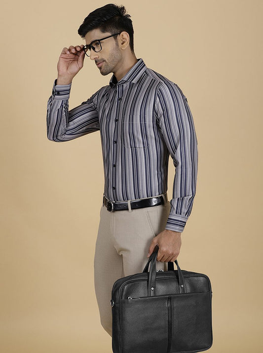 Navy Blue Striped Slim Fit Formal Shirt | Greenfibre