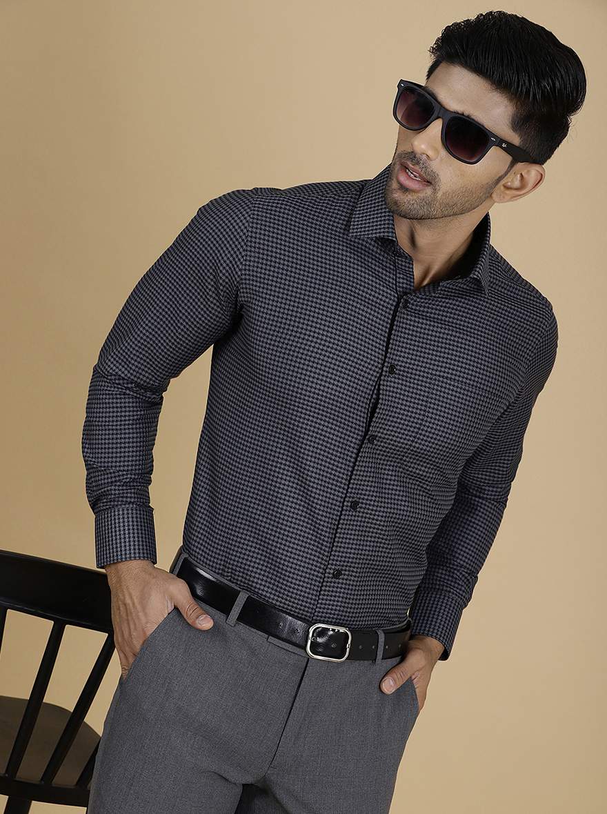 Dark Grey Checked Slim Fit Formal Shirt | Greenfibre