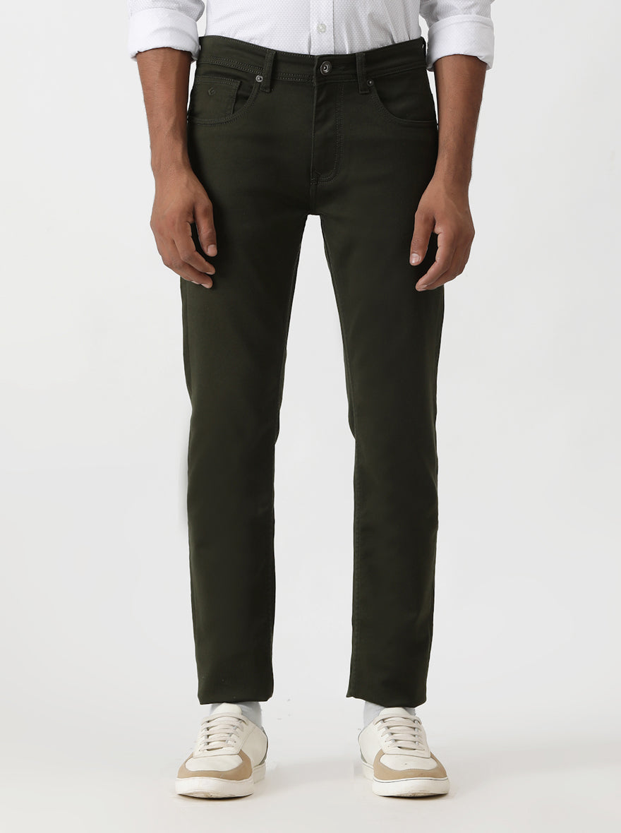 Olive Green Dobby Slim Fit Jeans | Greenfibre