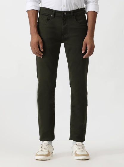 Olive Green Solid Slim Fit Jeans | Greenfibre