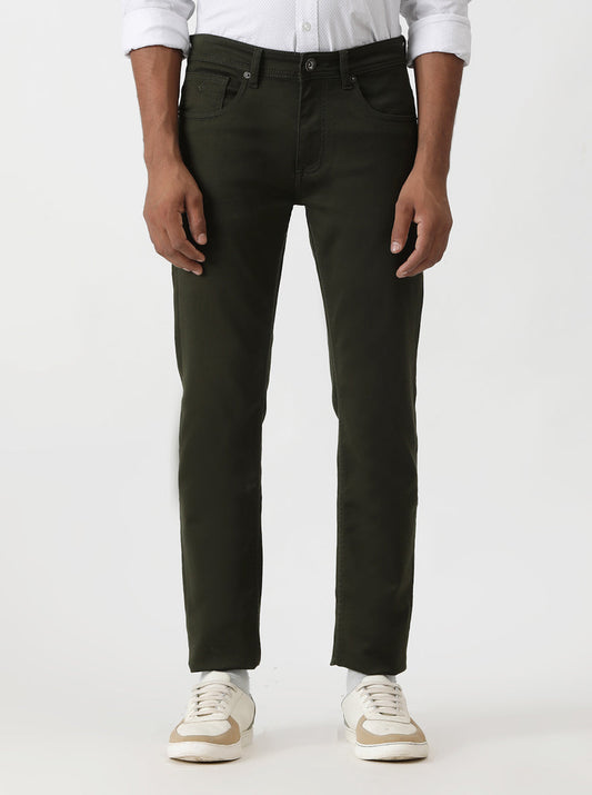 Olive Green Solid Slim Fit Jeans | Greenfibre