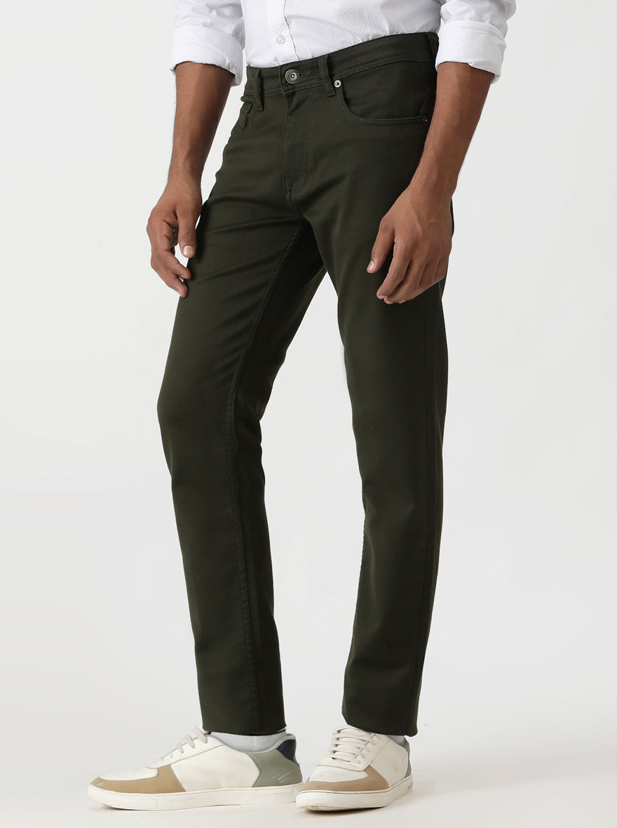 Olive Green Solid Slim Fit Jeans | Greenfibre