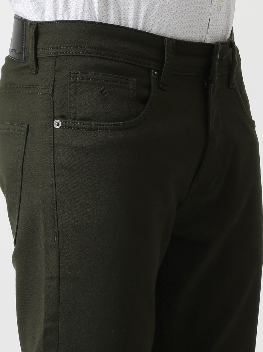 Olive Green Dobby Slim Fit Jeans | Greenfibre