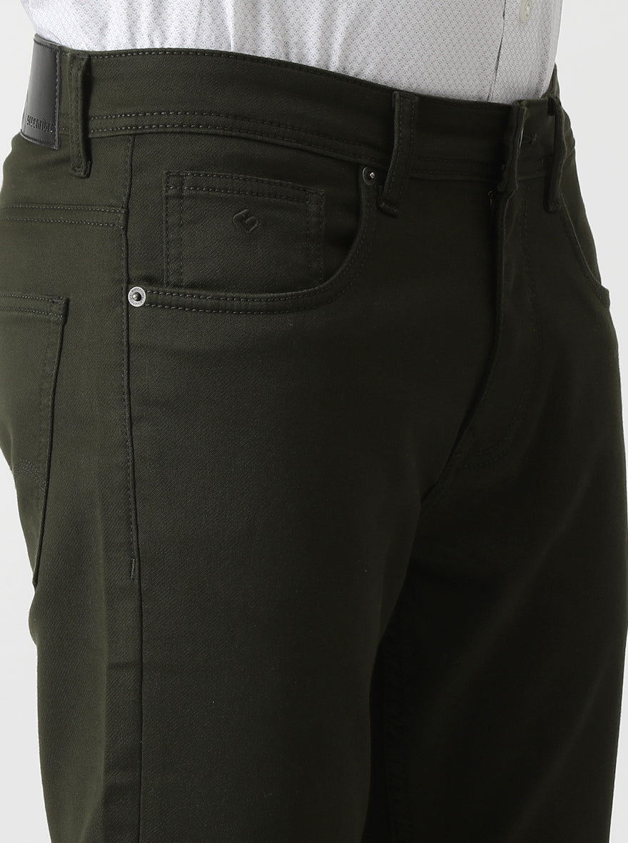 Olive Green Solid Slim Fit Jeans | Greenfibre