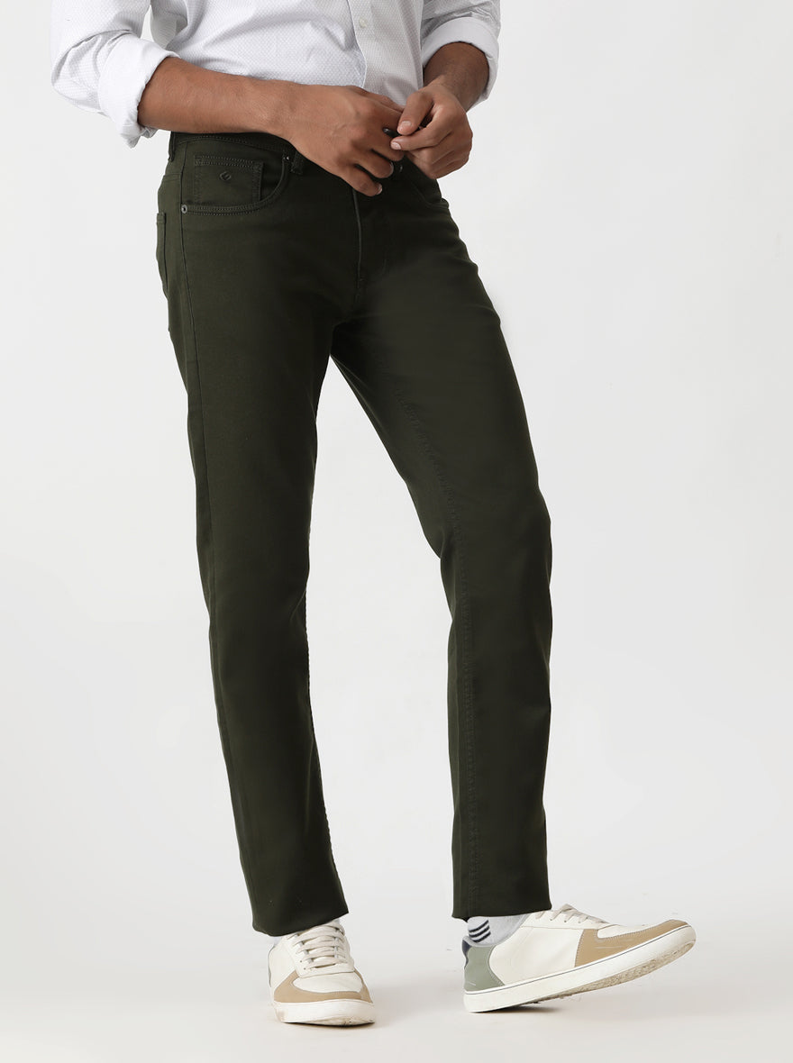 Olive Green Dobby Slim Fit Jeans | Greenfibre